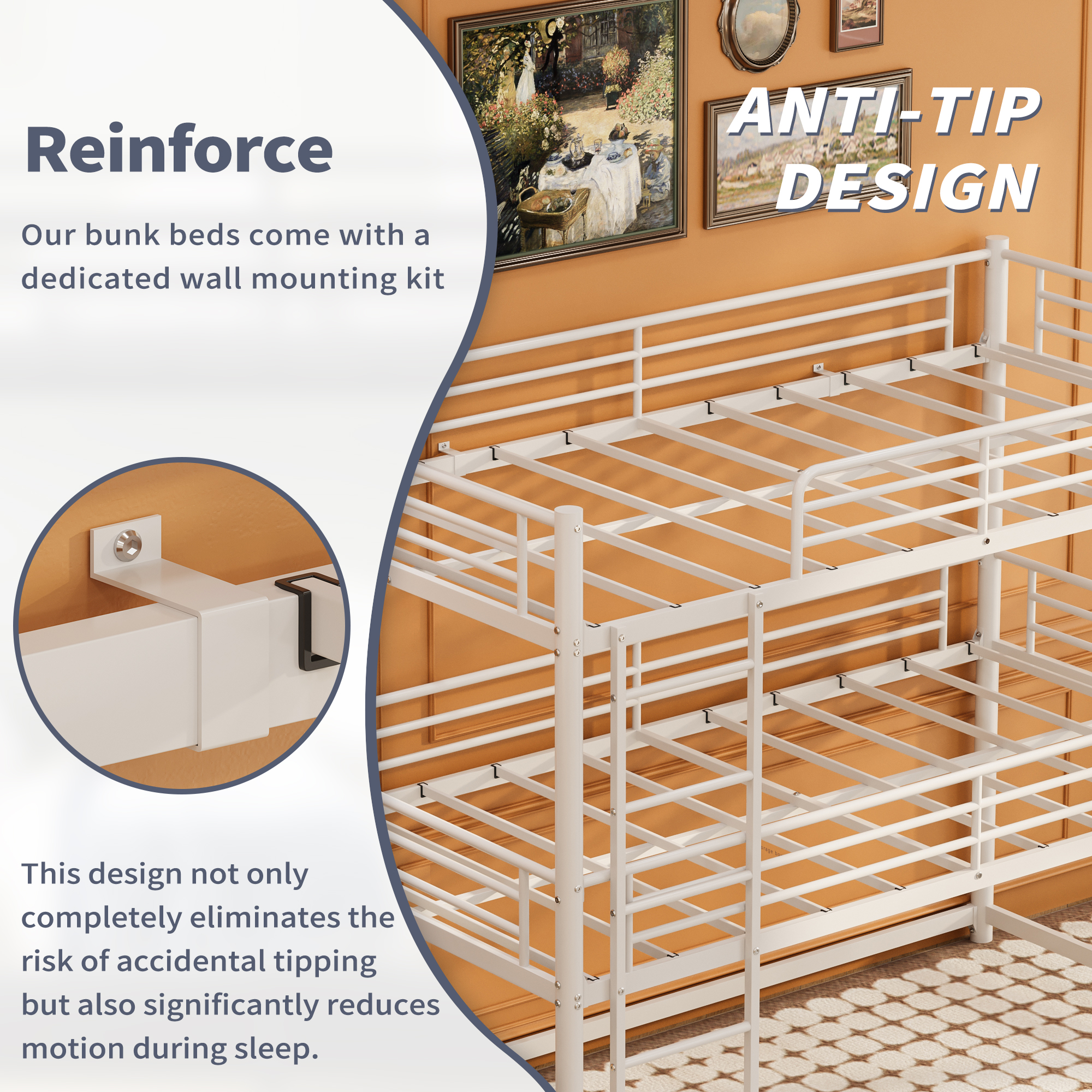 Miniyam Twin over Twin over Twin Metal Bunk Bed with Ladder and Guardrails, Steel Space-Saving Bed for Kids, White