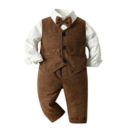 

QWERTYU Toddler Baby Child Boy Clothing Set Bow Tie Shirts and Pants Set Long Sleeve Outfit Brown