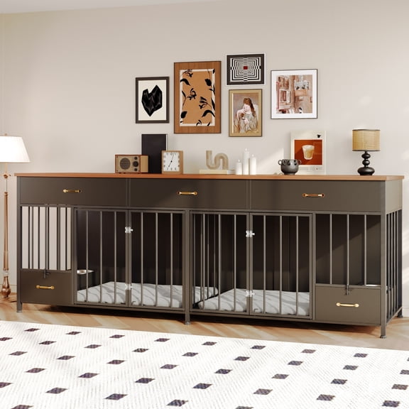 Mowpex Heavy Duty 4-Door 91.5" Furniture Style Crate for Dogs with Feeder & 3 Drawers