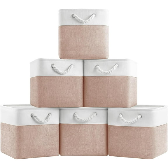 11x11 Cube Storage Bins,6 Pack Foldable Fabric Cube Organizer Bins with Rope Handles ,Storage Cubes for Organizing Bedroom, Living Room, Clothes and Toys, Shelves and Closet (White&Pink)