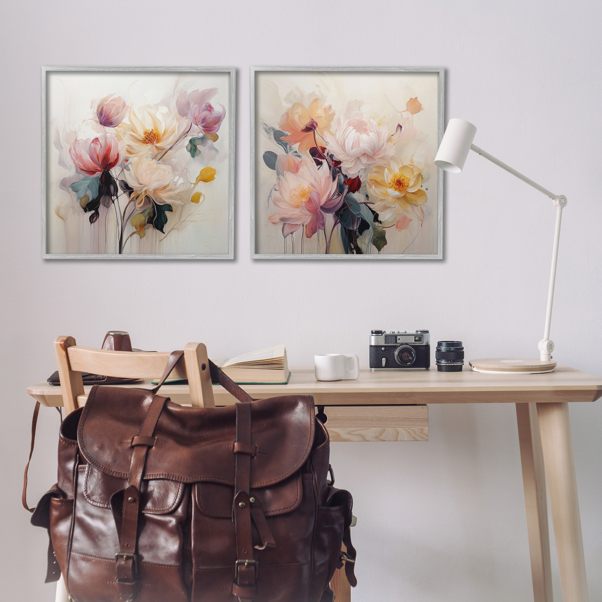 Stupell Industries Soft Blooms on Beige Botanical & Floral Painting Gray Framed Art Print Wall Art, 24 x 24, Set of 2