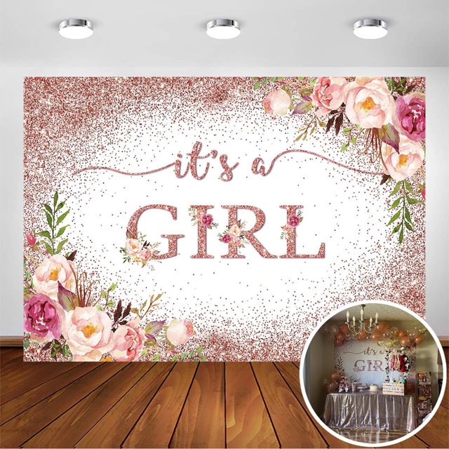 Fondo de baby shower de oro rosa para fiesta de niñas, fondo de fotografía con flores rosa ruborizadas, confeti brillante, decoración para sesión de fotos, pancarta para eventos.