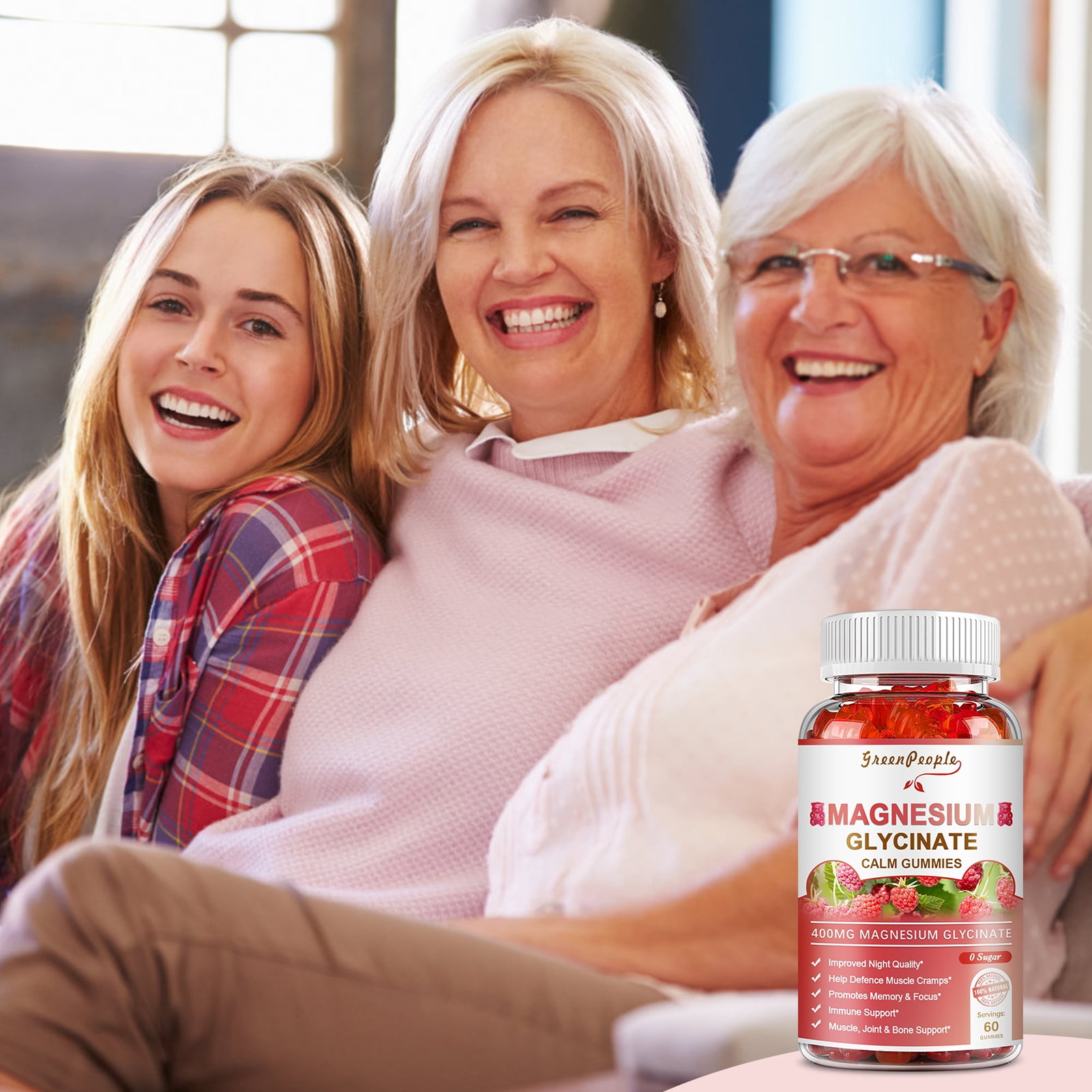 Magnesium Glycinate Gummies - 400mg Chewable Magnesium Supplement - Raspberry Flavor - 60 Ct
