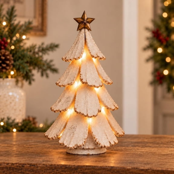 MUTRAIN Vintage Lighted Christmas Tree, Resin Multicolor Star Topper Warm LED, Tabletop Centerpiece Figurine, for Holiday Hosts, Indoor Home Decor
