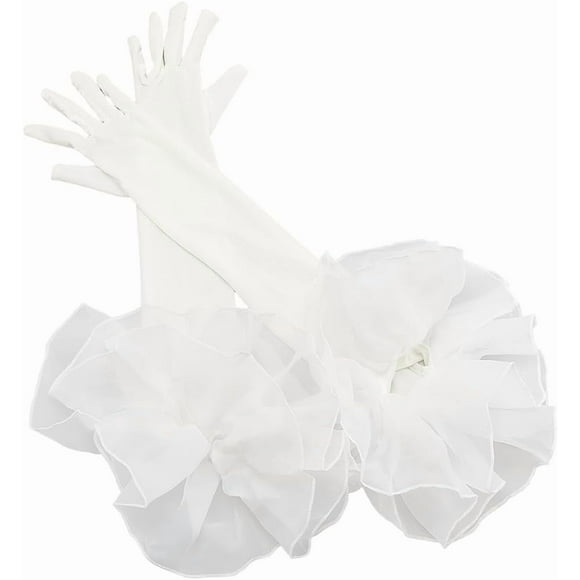 Gants de Mariée Longs Blancs en Satin de Velours Toucher Doux pour Fête de Thé Formelle Extensibles avec Rebord Plissé Gant à Volants pour Femmes Accessoires de Danse pour Bal Mariage Dîner