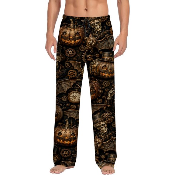 Men's pajama pants with steampunk pumpkin and skeleton print, soft home pajama pants, casual and comfortable loose fit pajama pants, elastic waistband, the ideal gift