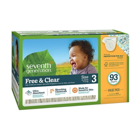 A Product of Seventh Generation Free & Clear Baby Diapers, 93CT Size, 3 [Skin Soft, Comfortable and Good Sleep Diapers](Babys Best (Best Material For Cloth Diapers)
