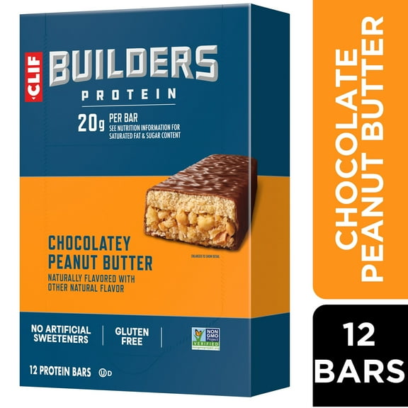 CLIF BUILDERS Protein Bars, Chocolatey Peanut Butter Flavor, Gluten Free Bars, 12ct