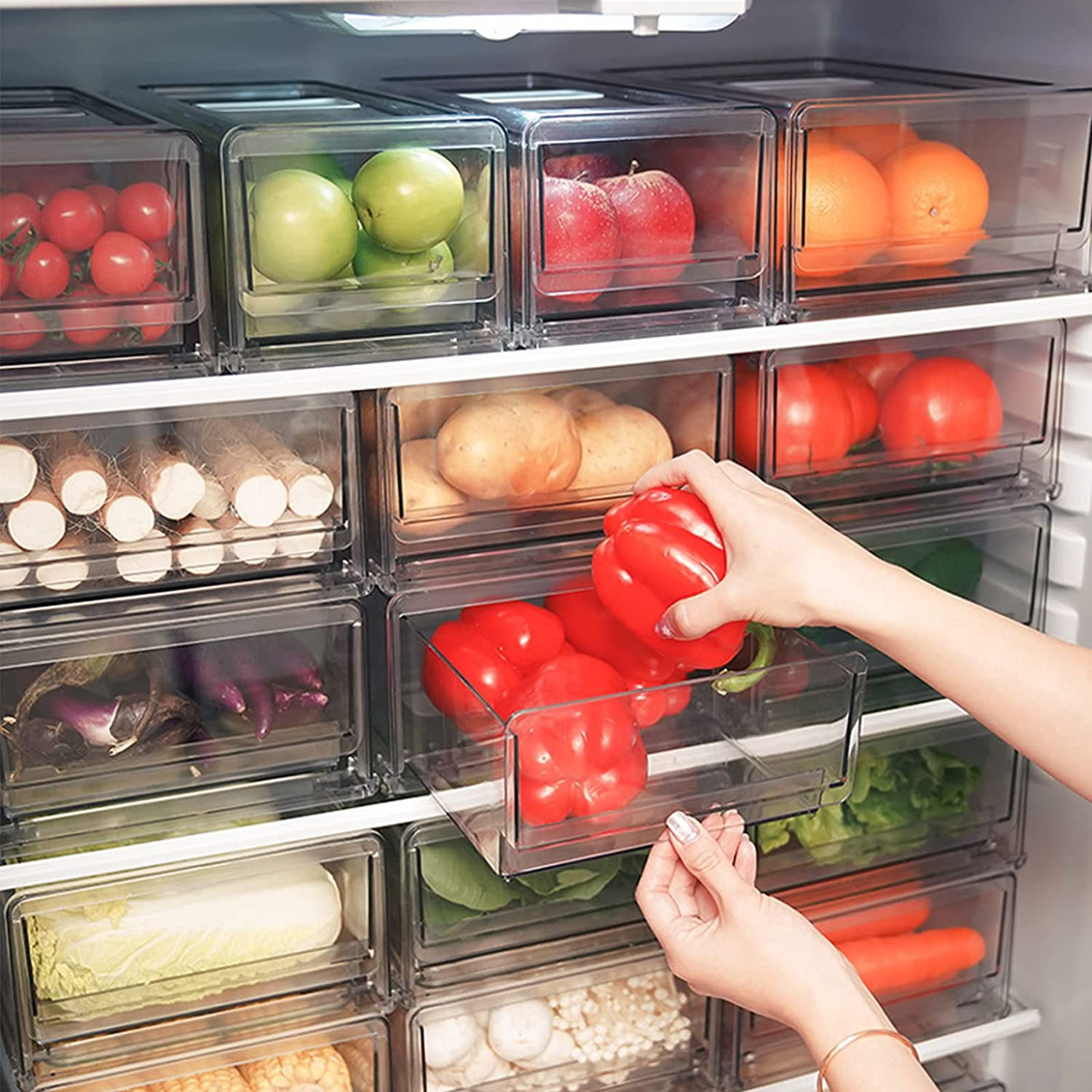 Pantry Organizers and Storage Bins, Refrigerator Organizer, Plastic Stackable Storage Bins with Drawers, Pull-Out Cabinet Containers for Fridge Kitchen Office (2 PACK, Extra Large & Medium)