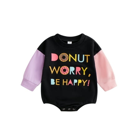 

Lovely Infant Girls Sweatshirt Romper Letters Donut Printed Color Patchwork Long Sleeve Jumpsuits