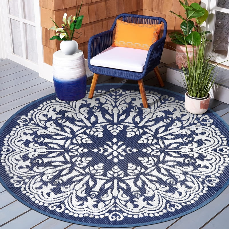 Aonewoe Round Outdoor Rugs 8Ft Waterproof Patio Plastic Straw Rug Reversible Camping Carpet Indoor Outdoor Area Rug for Patio,Deck,Balcony,Picnic,Beach,Outside