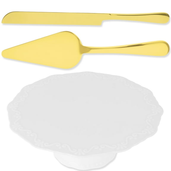 Grusce 10inch Ceramic Cake Stand with Cake Knife and Server Decorative Dessert Display Stand for Birthday Parties Weddings Baby Shower and Other Events