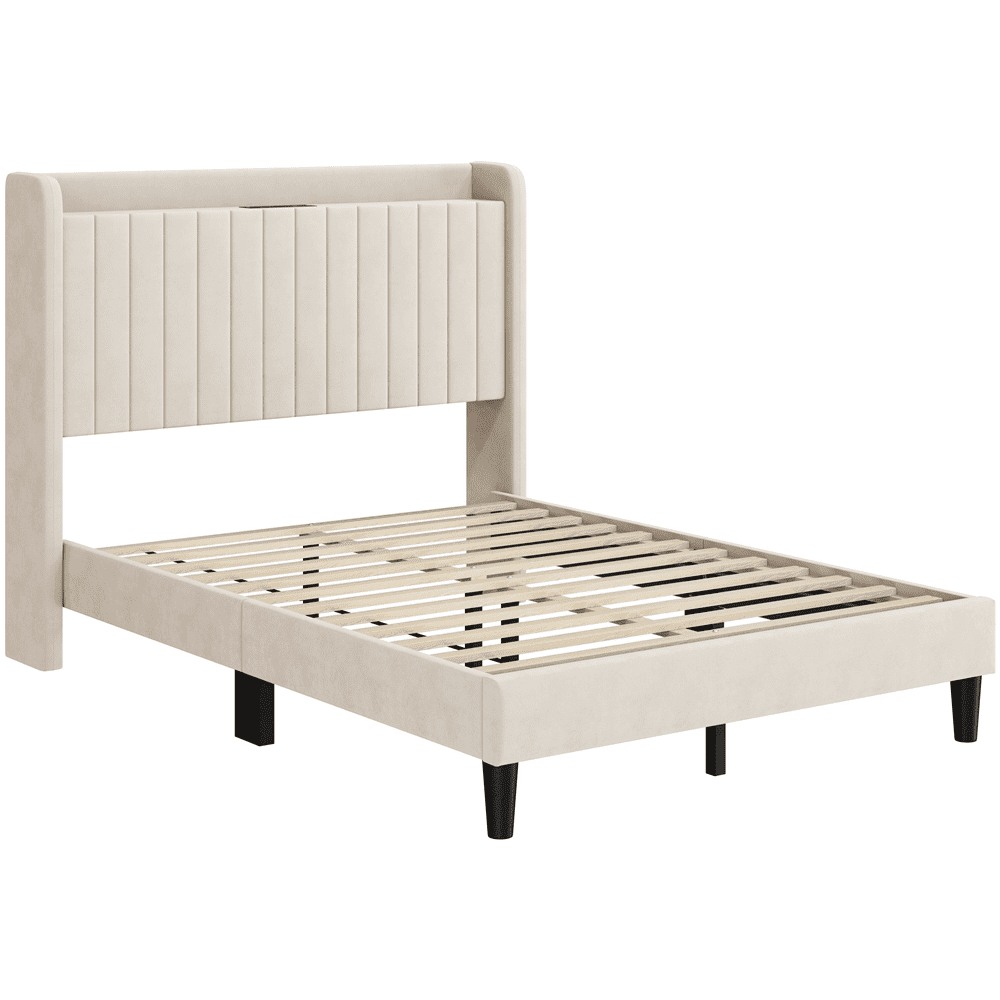 Fullfurnique Velvet Upholstered Bed Frame with Charging Outlets & USB Ports, Queen, Beige