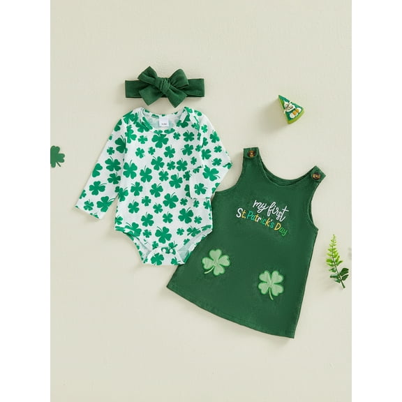Loicainy Baby Toddler Girls Irish Overall Outfits 3 6 12 18 Months Long Sleeve Romper   Shamrock Dress   Headband Set Newborn Clothes