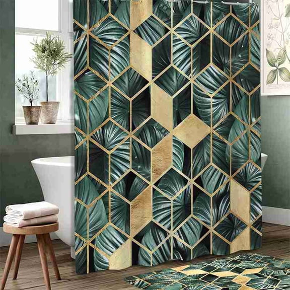 70x70 inch Green Tropical Leaves and Gold Geometric Shower Curtain, Waterproof Polyester Fabric with Hooks for Bathroom Decor