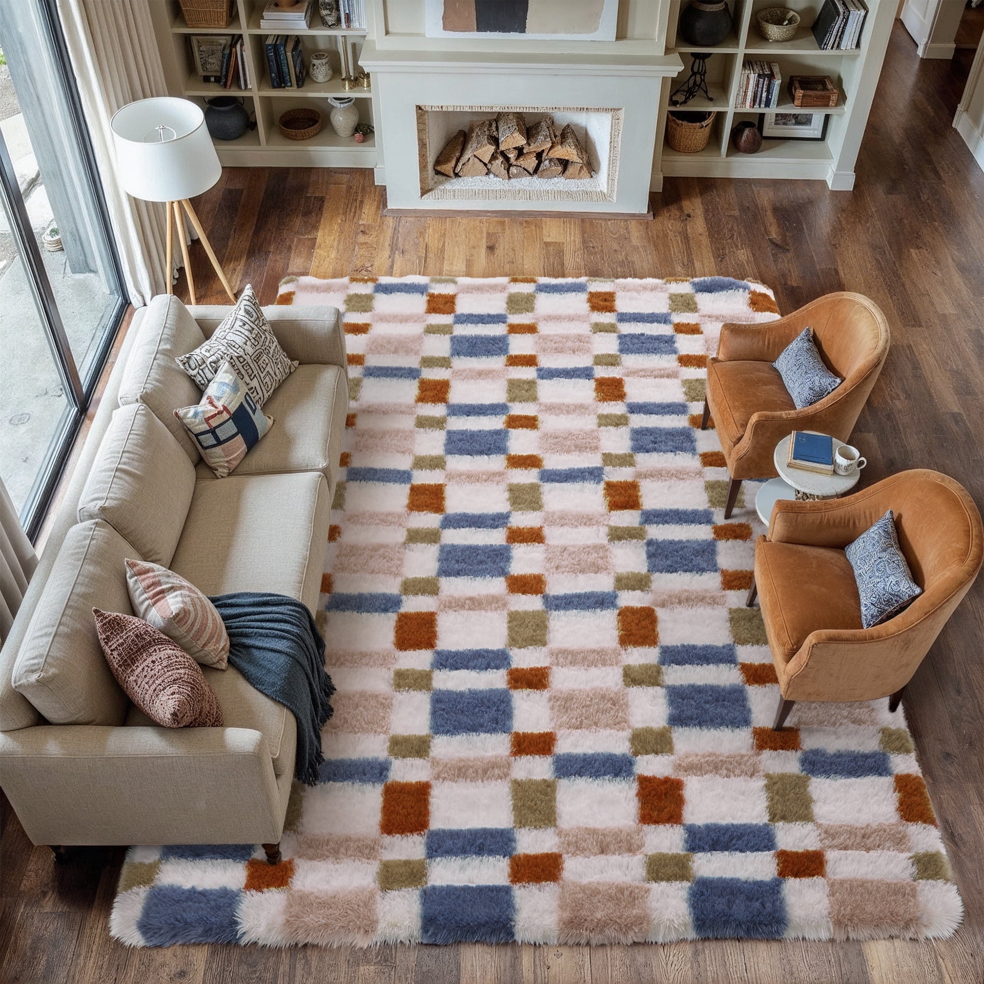 BERTHMEER 5'x8' Checkered Rug for Living Room, Modern Colorful Checkerboard Shag Rug Non-Slip Area Rug Soft Indoor Fluffy Rugs for Bedroom Carpet Home Dorm Aesthetic Decor