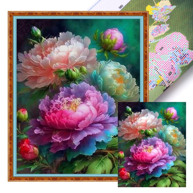 Kit Punto Cruz Peonía Impresa Hilo Algodón Ecológico Bordado 11CT 40x50cm