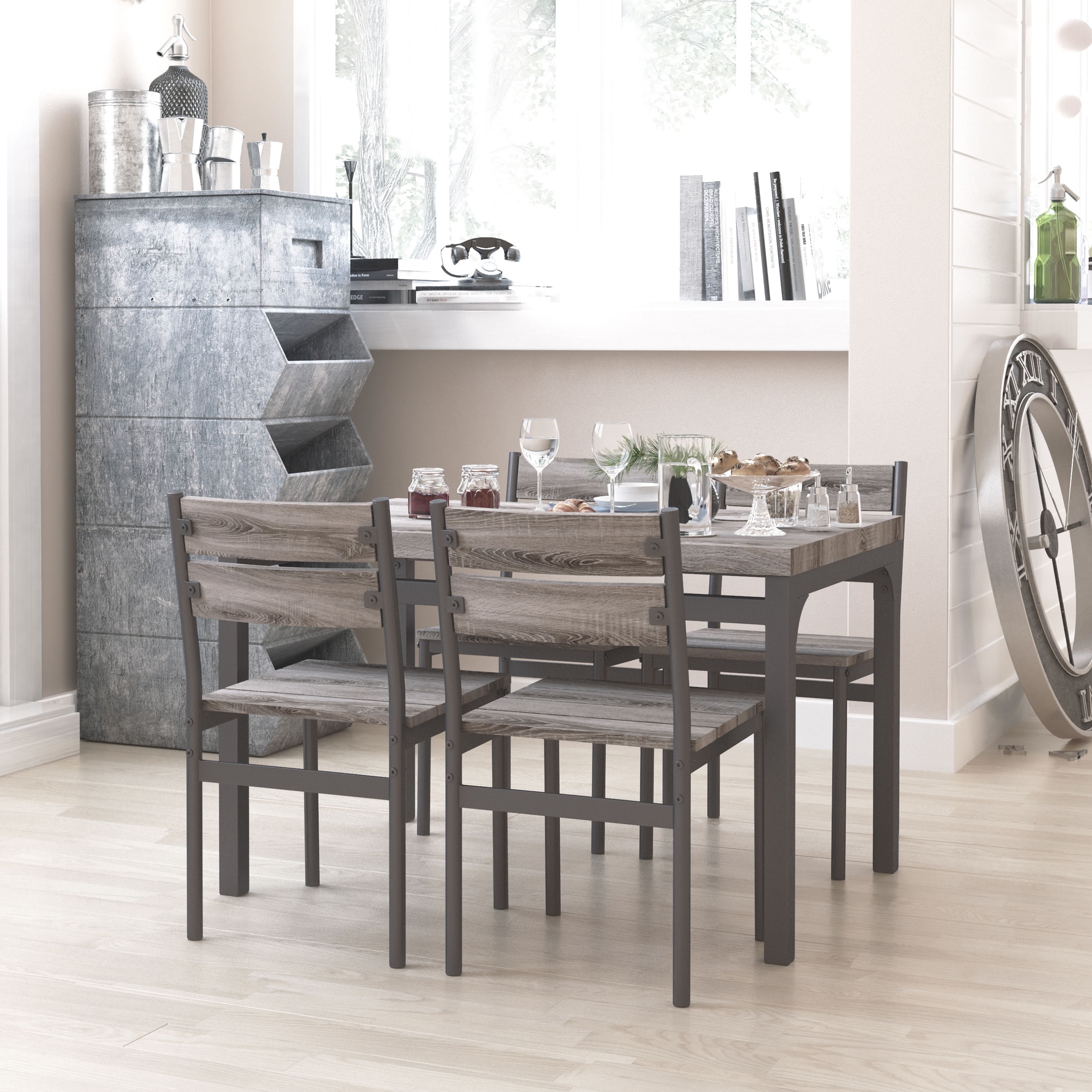 Zenvida 5 Piece Dining Set Rustic Grey Wooden Kitchen Table and 4