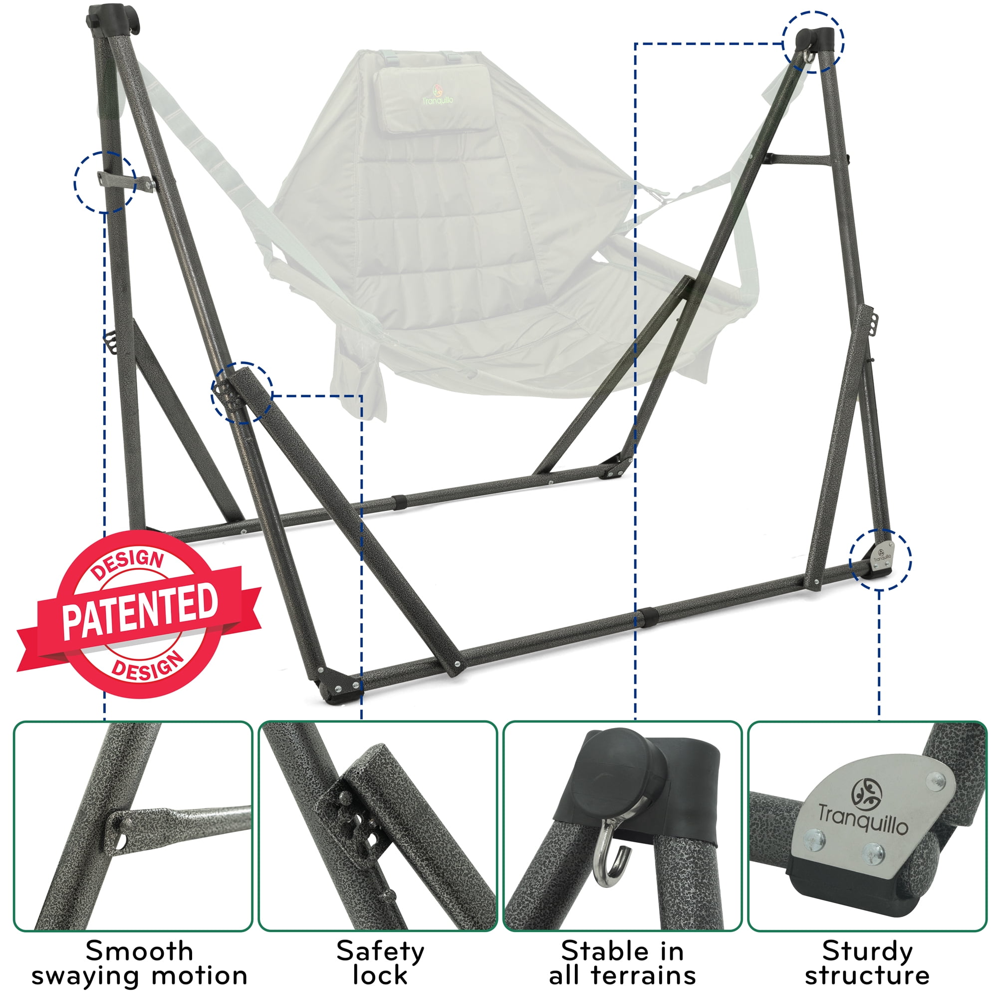 Tranquillo 2 in 1 Hammock and Swinging Chair with Collapsible Steel Stand & Carrying Case, Portable & Adjustable, 30s Set Up for Outdoor, Indoor, Porch Swing, Patio, Garden, Camping Trip, Green