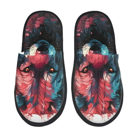 Balery Red Flame Wolf Head Slient Indoor Furry Fleece Comfort House Shoes Soft Non-Slip Home Shoes Cotton slippers House Slippers-- Large