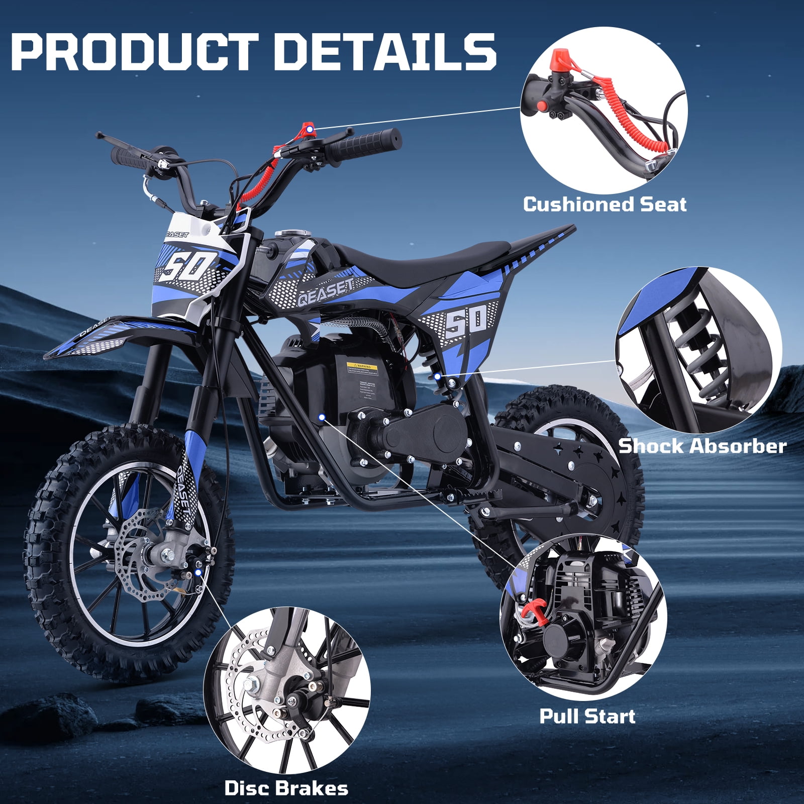 QEASET 49CC 4-Stroke Gas Powered Dirt Bike for Adults & Teens, off Road Tire, Pull Start