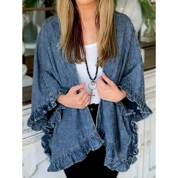 Aprpith Women's Denim Jacket With Ruffled Sleeves Boho Chic Open Front Lightweight Jacket For Women Regular Sizes