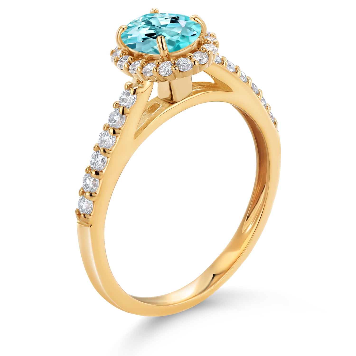 Gem Stone King 10K Yellow Gold Blue Apatite and White Lab Grown Diamond Halo Engagement Ring for Women (1.13 Cttw, Gemstone, Oval 7X5MM)