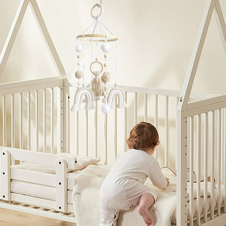 Boho Baby Mobile for Crib Rainbow Boho Nursery Decor for Girl or Boy Neutral Wooden Hanging Mobile for Bassinet and Crib Handmade with Bell for