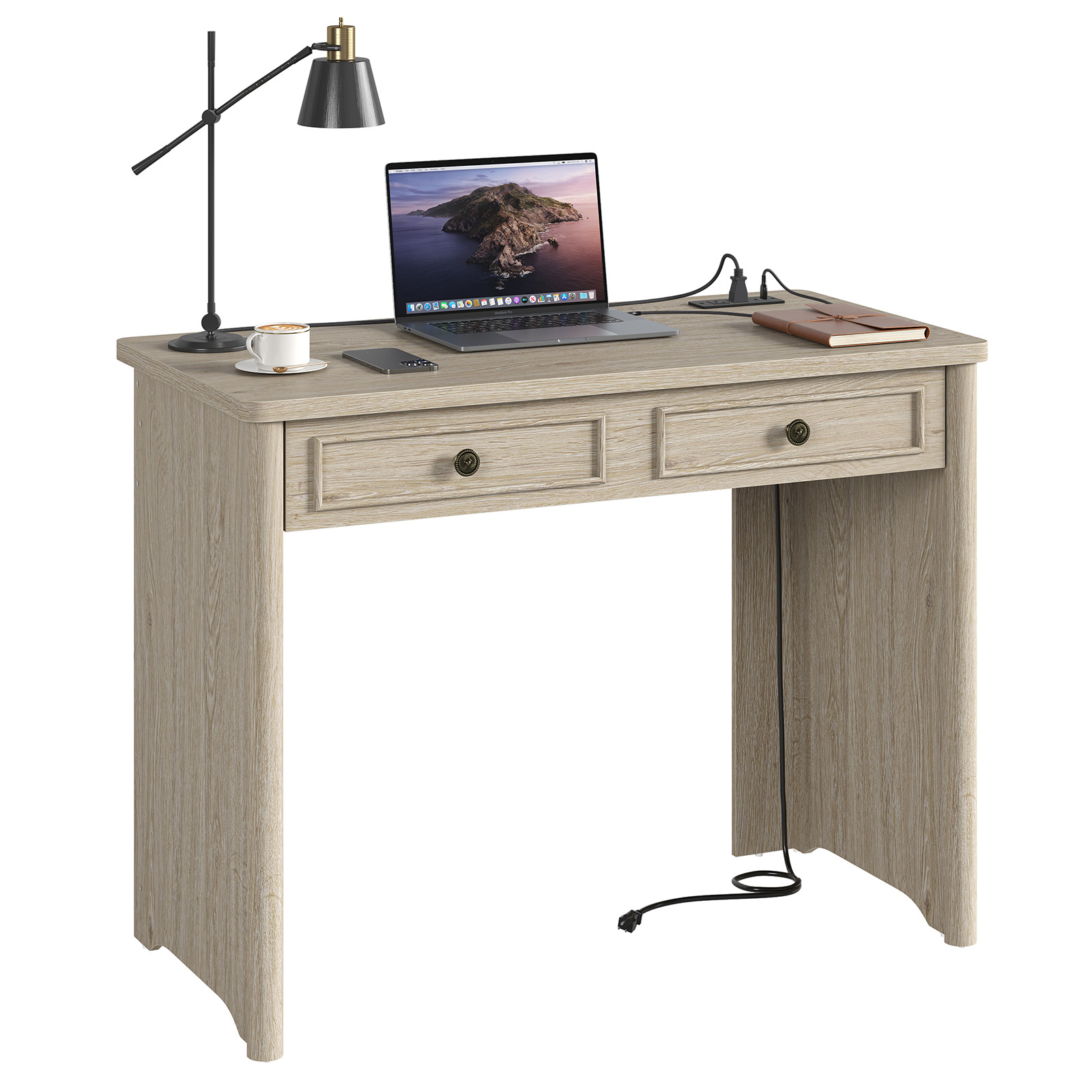 Bestier 39" Computer Desk with Power Outlets and Drawer, Light Oak photo 8