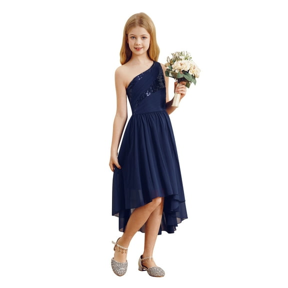 Eandarui Kids Girls Shiny Sequins One Shoulder Party Gown Sleeveless Ruched Wedding Flower Girl Navy Blue 8
