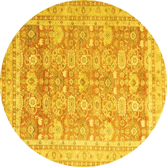 Ahgly Company Machine Washable Indoor Round Oriental Yellow Traditional Area Rugs, 4' Round