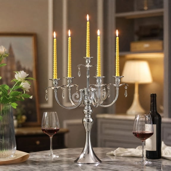 Miwamany Silver 5 Arm Metal Candelabra with Crystal Drops European Style Candle Holder for Wedding Home Hotel Dining Table Centerpiece Decor