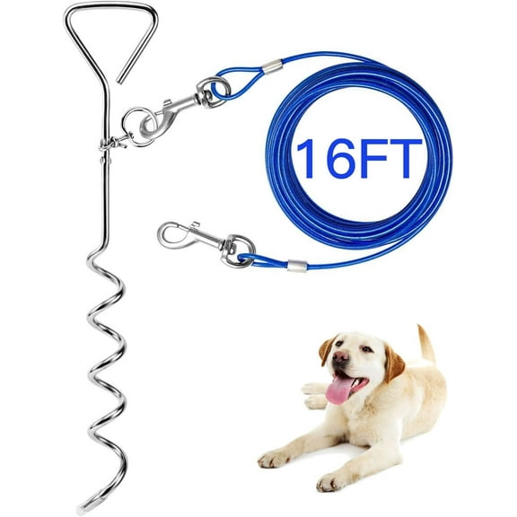 Tie Out Cable and Stake, 16ft Outside Dog Leash&Chain for Camping and Yard, 16'' Heavy Duty Anti Rust Spiral Stake for Medium-Large Dogs Up to 125 lbs