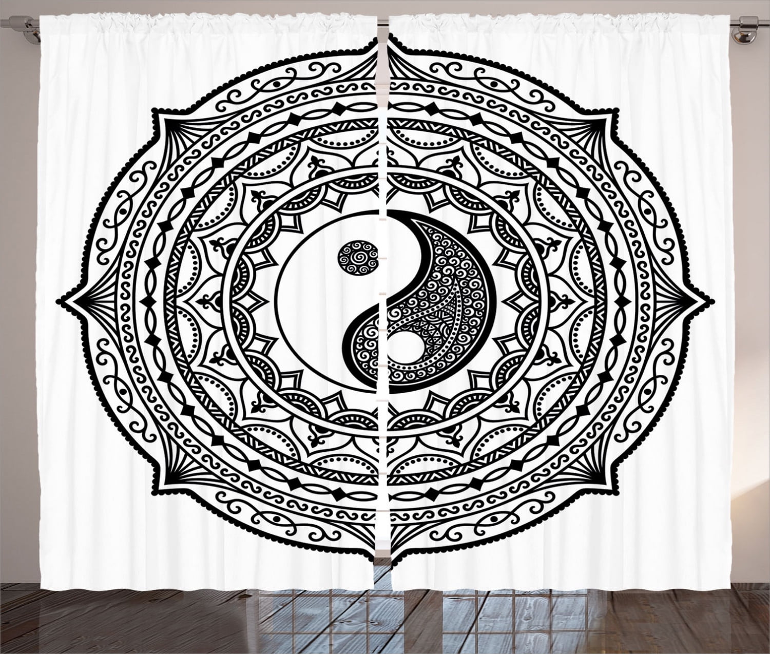 Ying Yang Decor Curtains 2 Panels Set, Mandala Pattern Yin Yang Sign