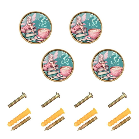 Kitchen Cabinet Knobs Cabinet Handles 1.25 inch Diameter Zinc Alloy Fairy Sitting Book and Coffee 4 Pack