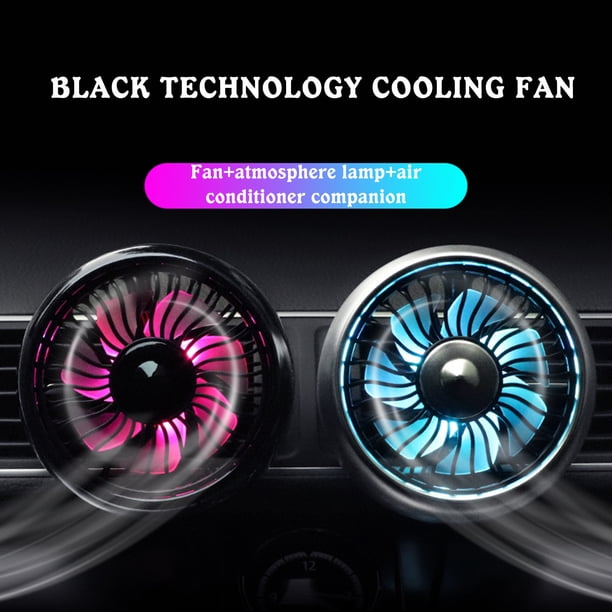 Ventilador de coche de 12V con luces LED de colores • Ajustable de 3 velocidades • Rotación de 360° • Alimentado por USB • 5W Potente refrigeración para las rejillas de aire acondicionado del