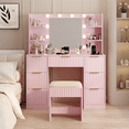 thumbnail image 2 of Tcbosik 43.7" Vanity Desk with Lighted Mirror, Charging Station & Cushioned Stool, Makeup Dressing Table with Open Shelves and 7 Drawers for Bedroom, Pink, 2 of 7