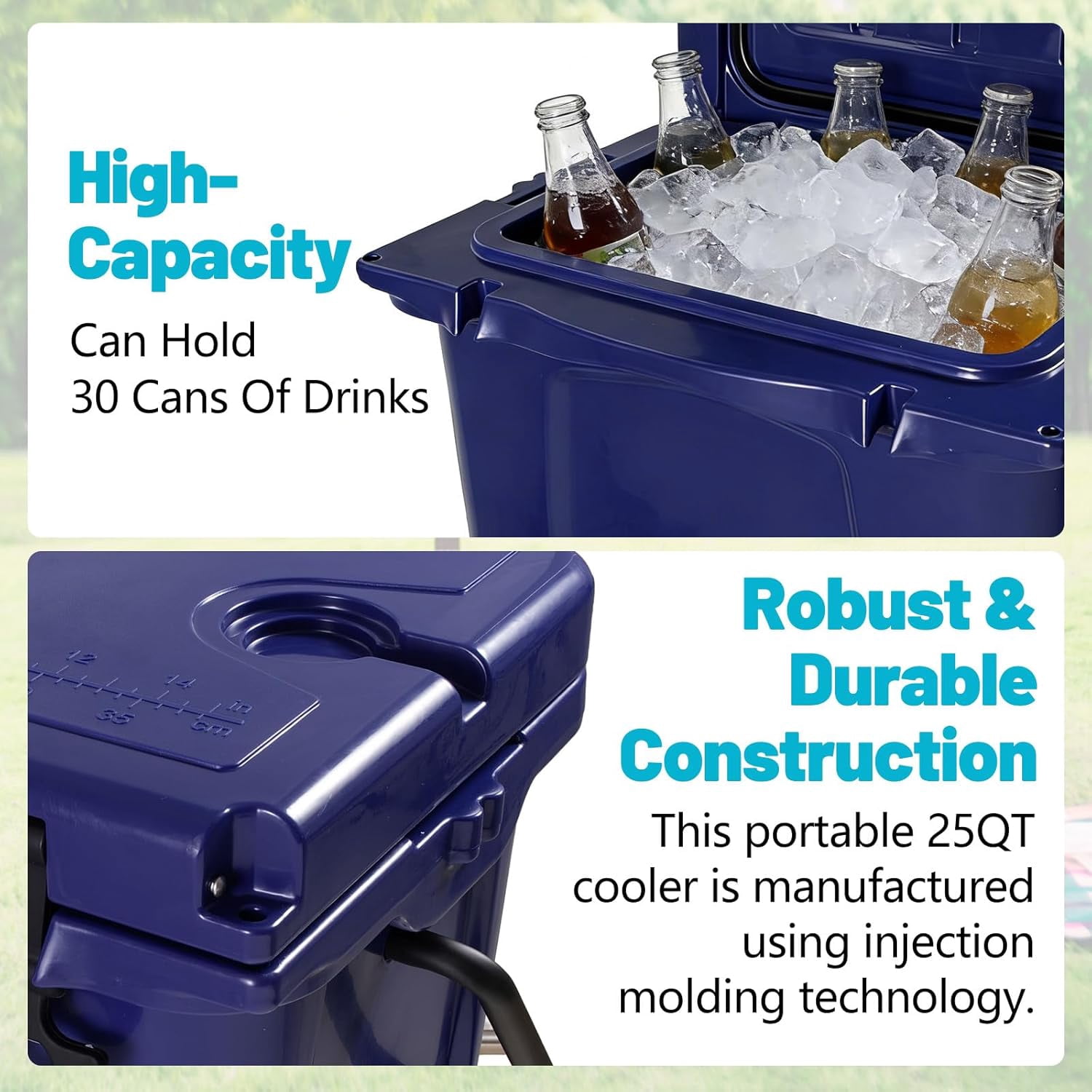 Elleree 25 Quart Hard Cooler, Portable Ice Chest with Bottle Opener, Forming Ruler, Heavy-Duty Beach Cooler Box for Camping Fishing Picnic BBQ Travel