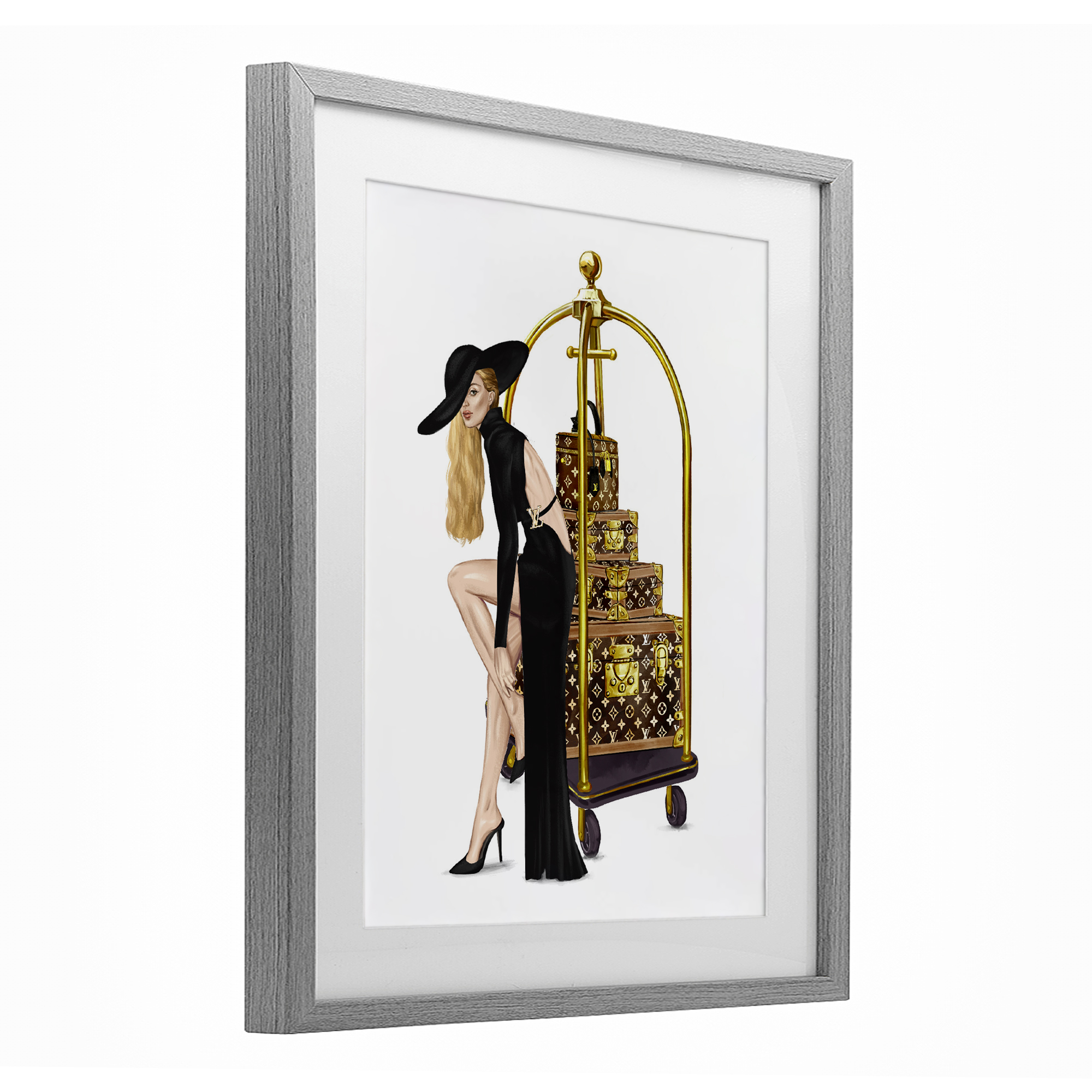 Fashionista with Hotel Luggage Gray Framed Print Under Glass, design by Ziwei Li