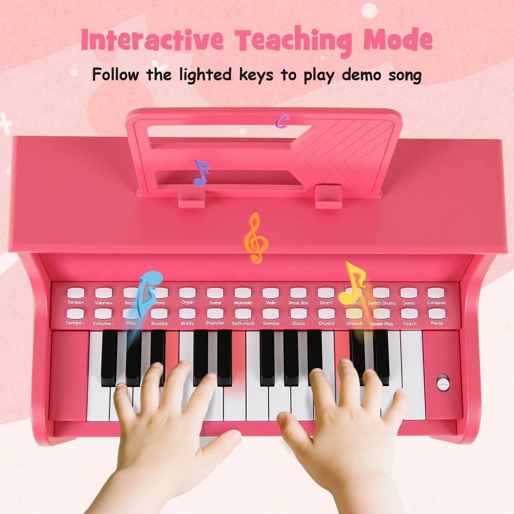 Resenkos 25-Key Wooden Toy Digital Piano with Stool & Volume Control - Pink