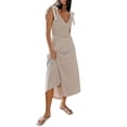 thumbnail image 2 of Women Casual Summer Smocked V Neck Beach Striped Sleeveless Sundress Flowy Long Dress with Pockets Light Gray S, 2 of 8