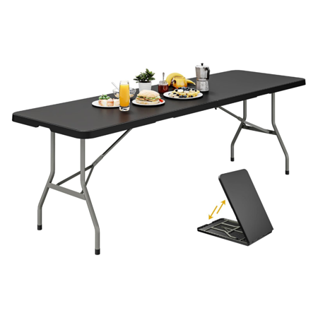 Portable 6ft Heavy-Duty Folding Table with Handle - Rectangle Table for Outdoor Bistro, Camping, Picnics, Parties, and Indoor Events, Black