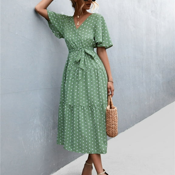 Summer Saving Clearance 2022! TIANEK Women Sun Dress Vintage Printed V Neck Short Sleeve Narrowing Waistline Boho Summer Dress Long Dress