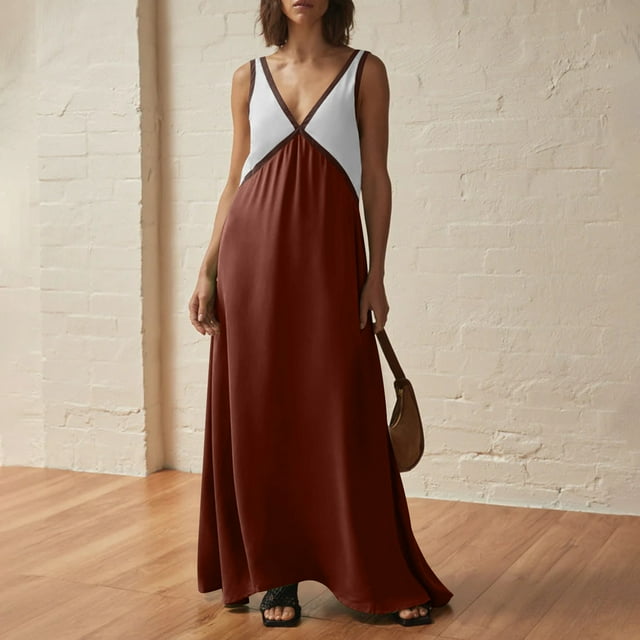 LOVZFMLL Dresses Womens Solid Color V-neck Sleeveless Colorblocked Dress