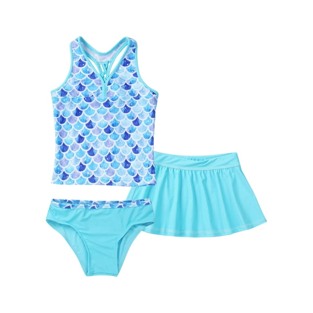 CHICTRY Girls 3 Pcs Swimsuit Sleeveless Rash Guard Triangle Bikinis Tankini Sets with Swim Tutu Skirt Blue Fish Scales 12