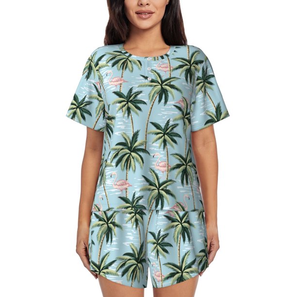 Fotbe Flamingos And Palms Conjunto de Pijama Estampado para Mujer, 2 Piezas, Ropa de Dormir con Camiseta de Manga Corta y Shorts Suaves-3X-Large