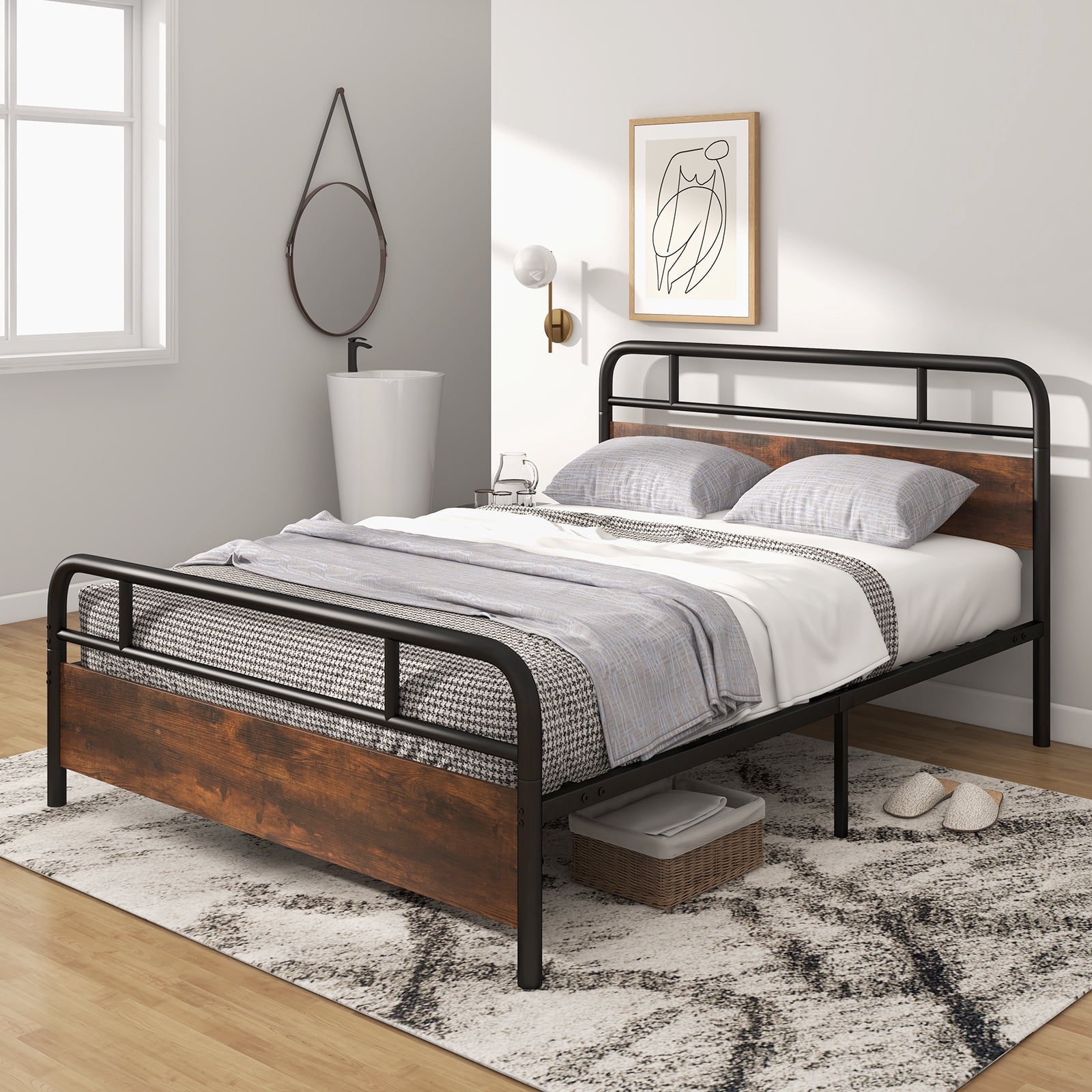 Infans Queen Size Metal Platform Bed Frame Industrial Headboard Mattress Foundation