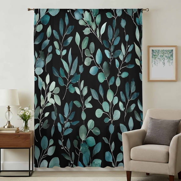 Teal Black Botanical Sheer Curtains 84 Inches Long, Spring Eucalyptus Leaves Sprigs Light Filering Curtains, Breathable Simi Curtain Privacy Drapes for Living Room Bedroom Window Treatment