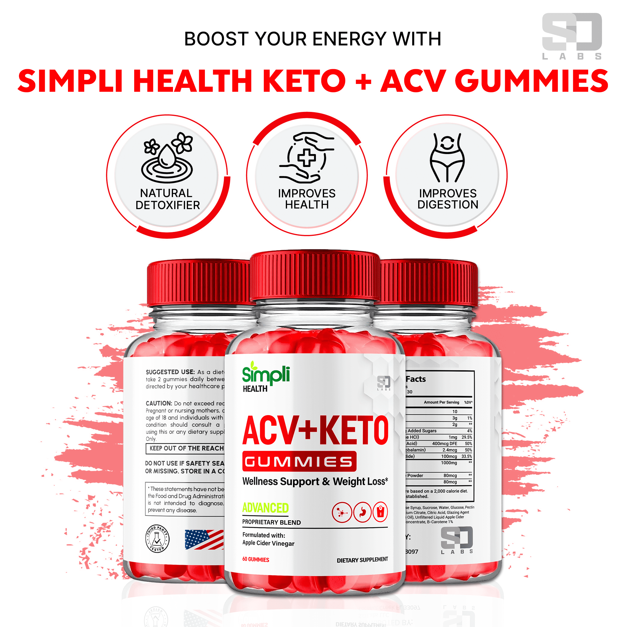 (5 Pack) Simpli Health ACV Keto Gummies - Energy & Focus Boosting Dietary Supplements for Weight Management & Metabolism - Fat Burn - 300 Gummies