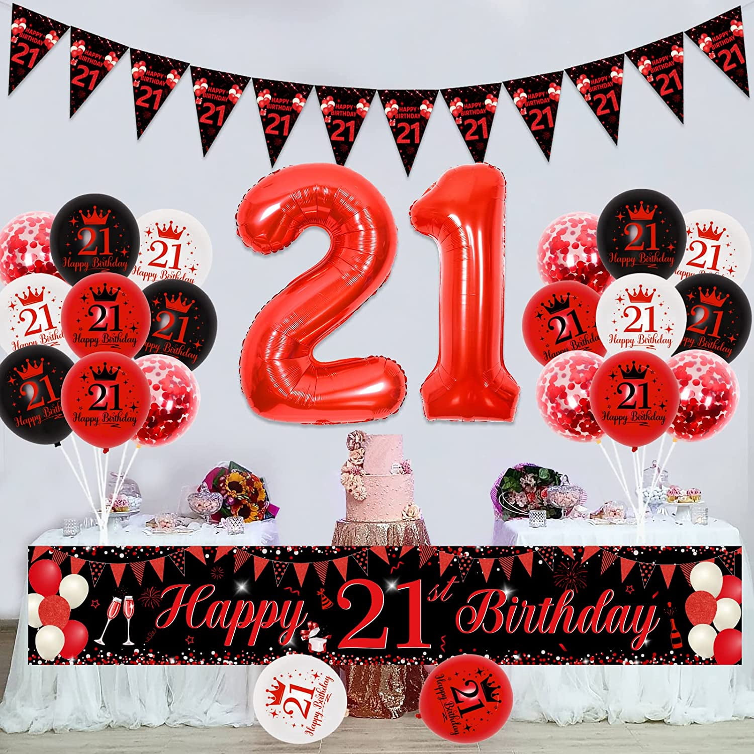Red and Black 21st Birthday Decorations for Boys Girls, 21 Birthday Party Supplies with Happy 21st Birthday Yard Banner 9.8 x 1.6ft Confetti Foil Balloons Triangle Flag for 21st Birthday Party Decor